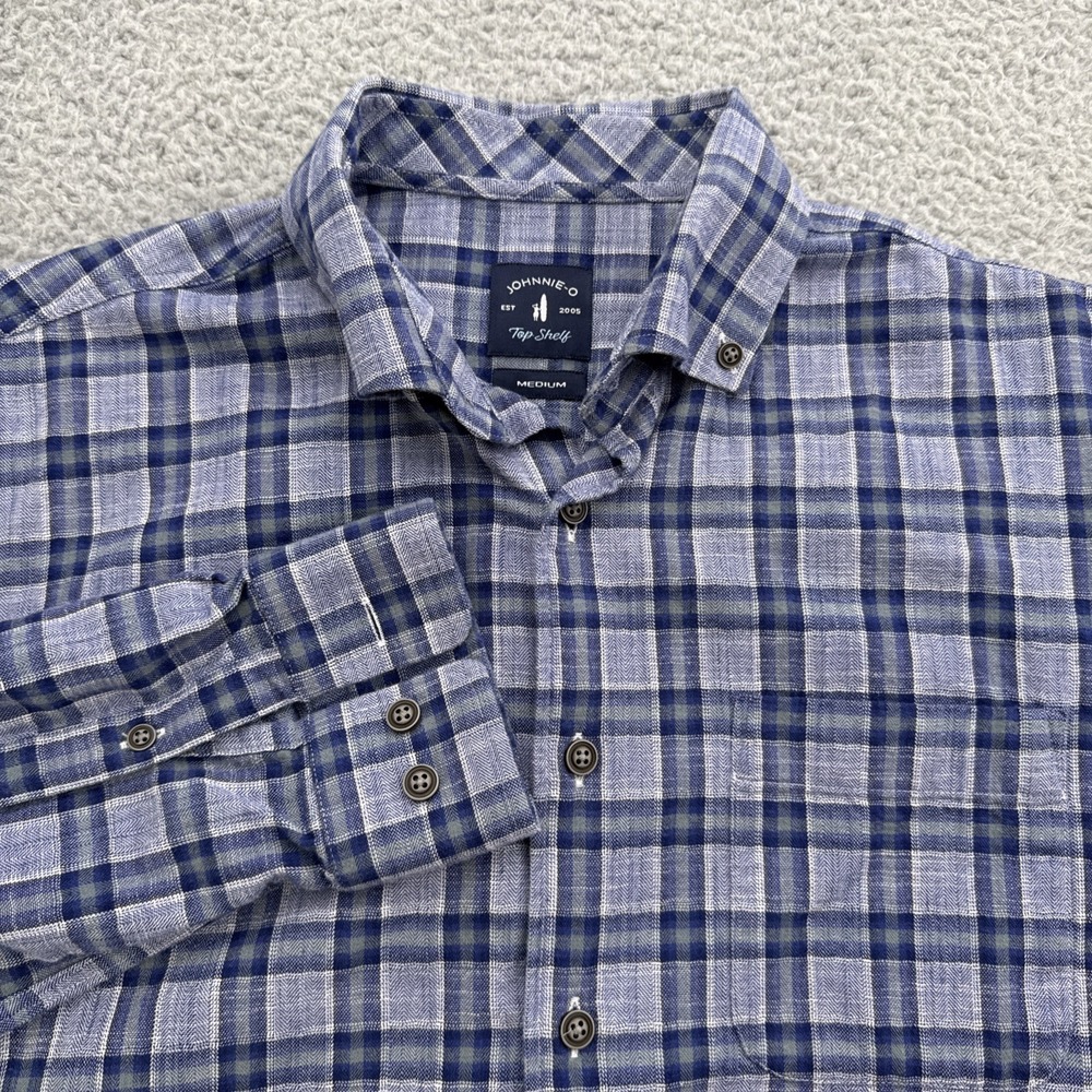 Johnnie-O Top Shelf Flannel Shirt Mens Medium L/S Navy Green Plaid Button Collar